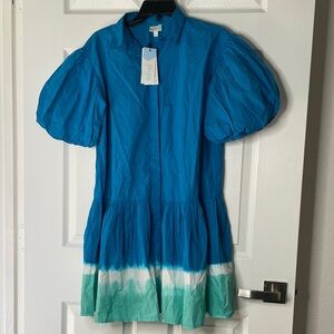 NWT Wknd Frock It Blue Turquoise Tie Dye Puff Sleeve Button Up Cotton Mini Dress